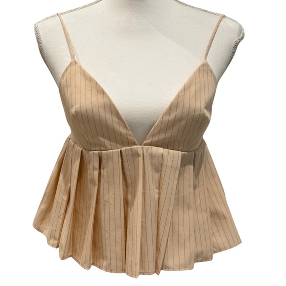 Zara Tops - NWT Zara Pleated Tank Top - Cotton | Cream + Pinstripes | V-Neck (Medium)